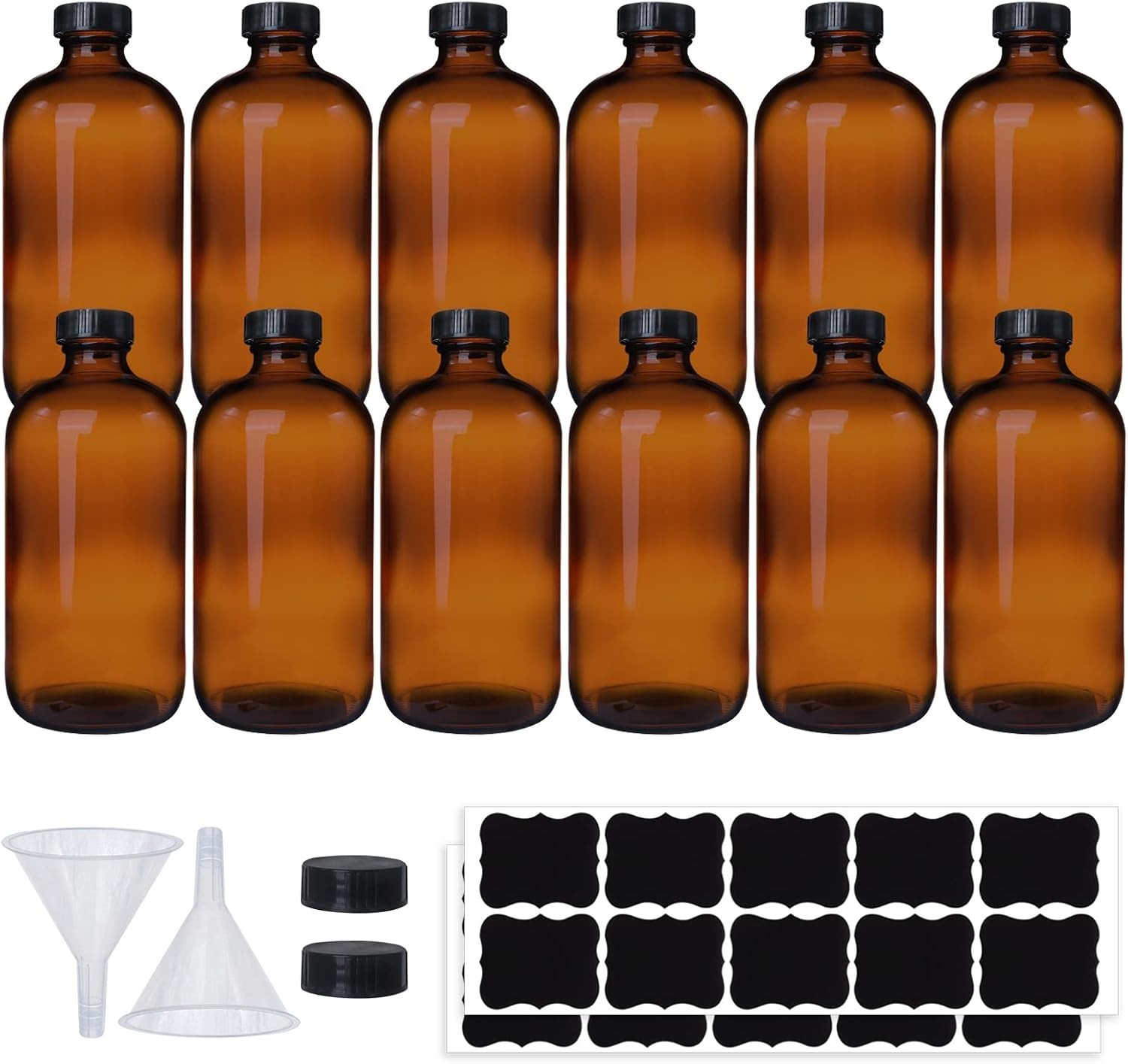 12 Pack 16 oz Amber Boston Round Glass Bottles with Black Caps for Secondary