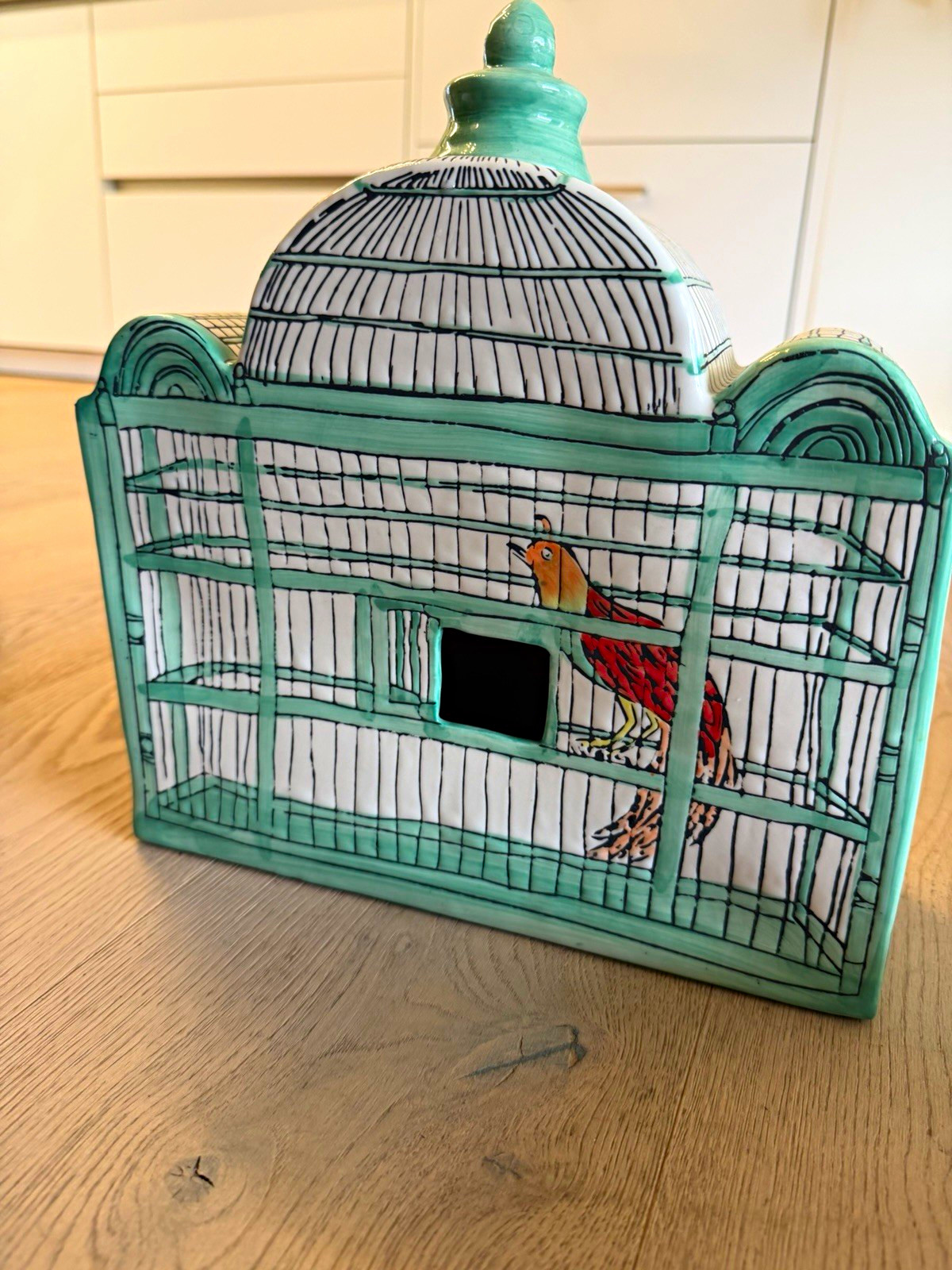 Molly Hatch signed Trompe-l\'Oeil Ceramic Birdhouse BirdCage