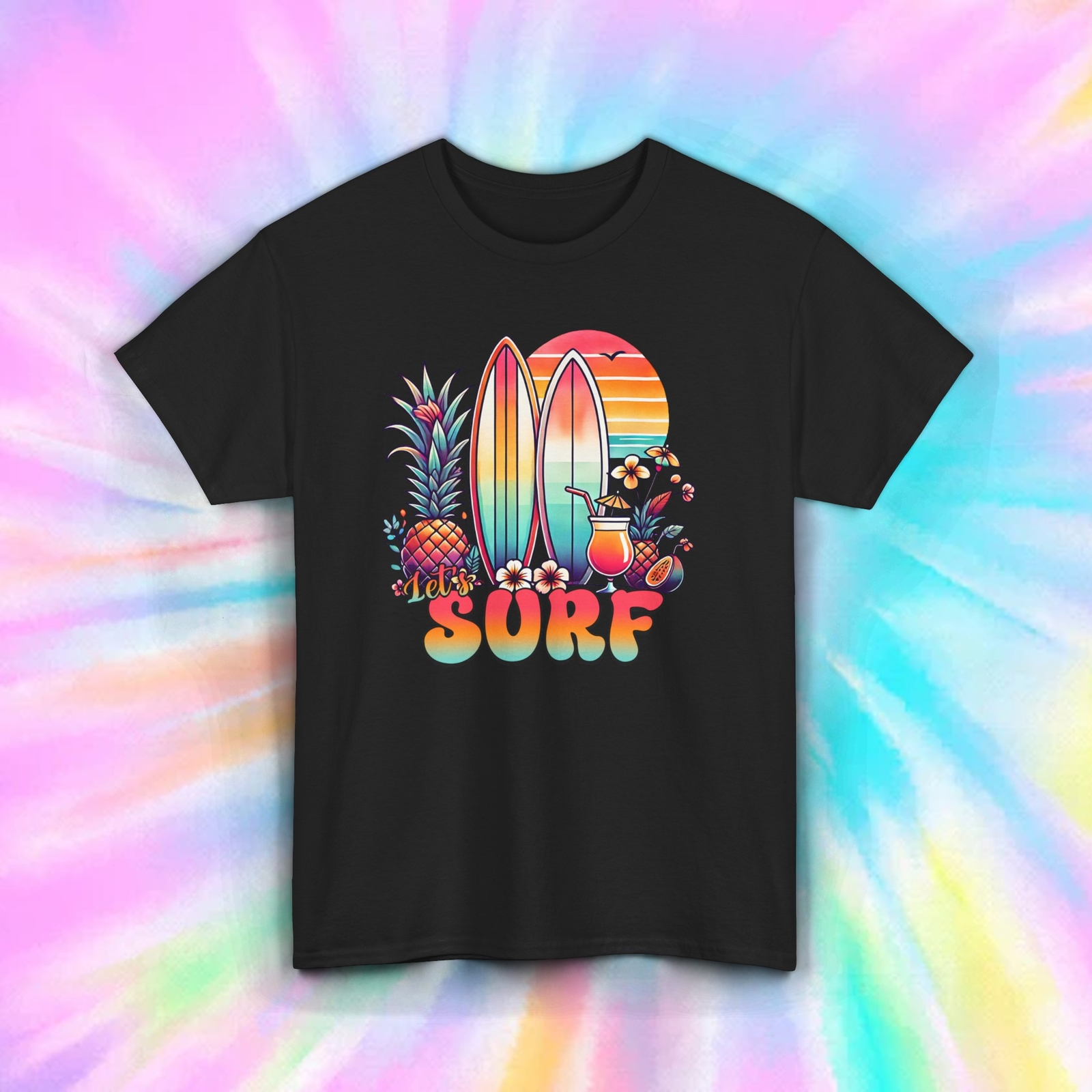 Let\'s Surf T-Shirt | Retro Surfboard Beach Graphic Tee | S-5XL