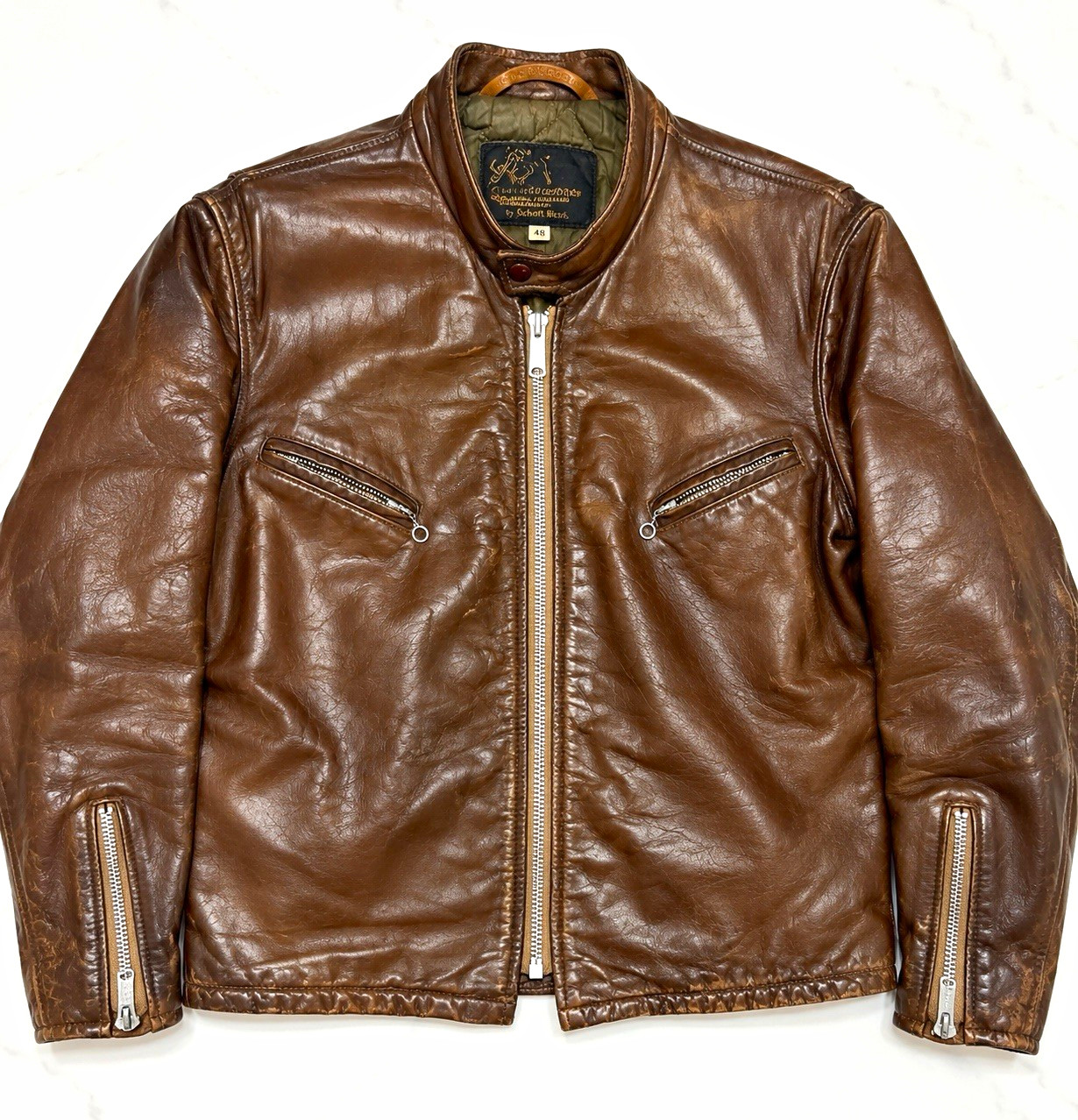 Schott Bros. Men\'s Brown Leather Biker Jacket Size 48 Band Collar Zip/Button Schott Bros. Men\'s Brown Leather Biker Jacket Size 48 Band Collar Zip/Button