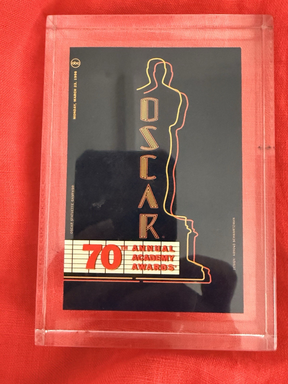 Official 70th Annual Academy Awards 1998 Lucite Acrylic Display Block Oscar