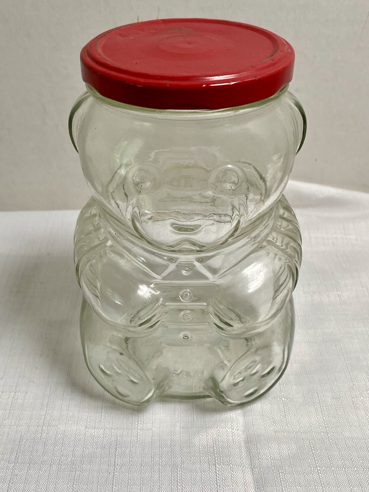 Vtg 1988 Kraft Clear Glass Figurine TEDDY BEAR 6” Jar W Red Metal Lid Vtg 1988 Kraft Clear Glass Figurine TEDDY BEAR 6” Jar W Red Metal Lid