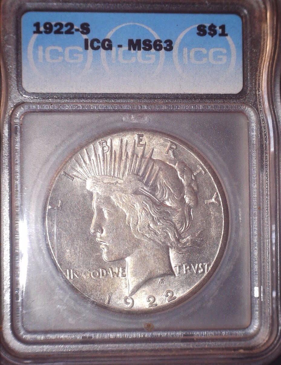 1922-S Peace Silver Dollar, ICG MS 63. Original Patina and Issue Free 1922-S Peace Silver Dollar, ICG MS 63. Original Patina and Issue Free