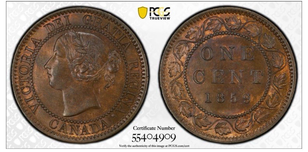 1859 CANADA 1 CENT COPPER COIN PCGS MS63BN NARROW 9