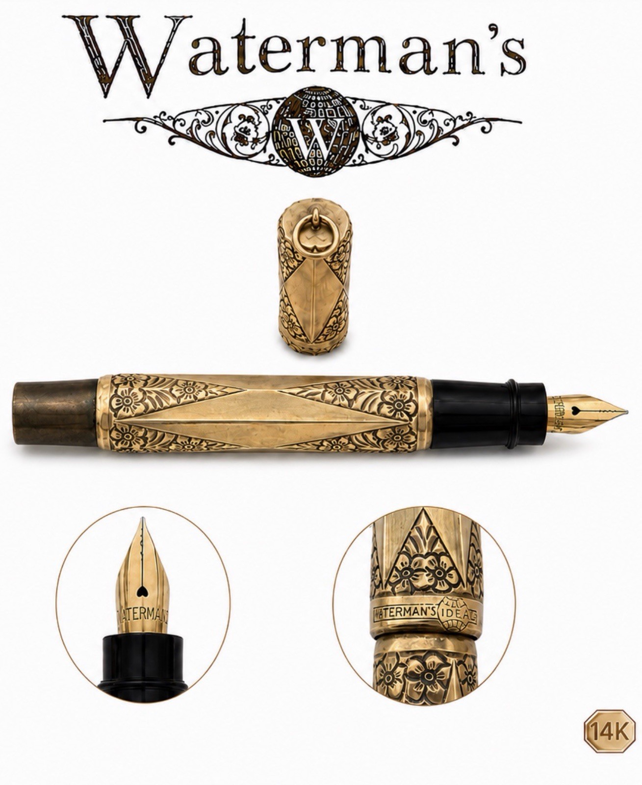 WATERMAN’S Vintage 1910 Retractable Fountain Pen SCOLPITA 14K Gold Nib