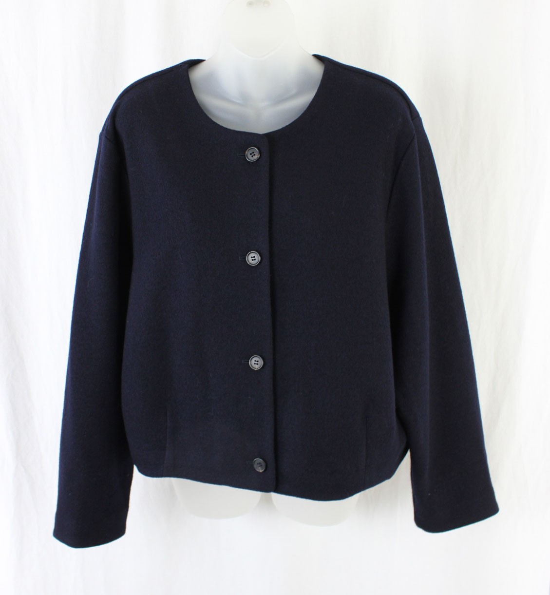 COS Women\'s Navy Blue Wool Blend Round Neck Long Sleeve Jacket Size Large