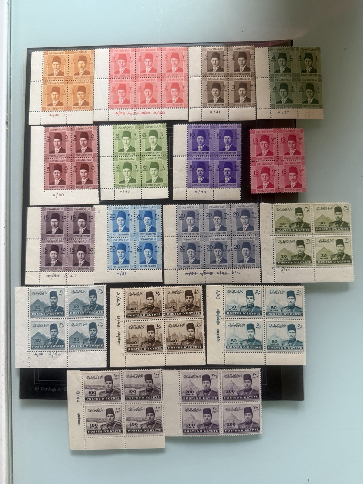 egypt stamps- King Farouk Civil 1938 Sets In Blocks MNH From 1M To 200M