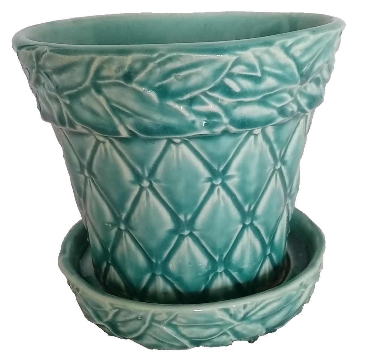 VTG McCoy Ceramic Planter w/attached Saucer, Diamond & Leaf Patterns, Teal/Green