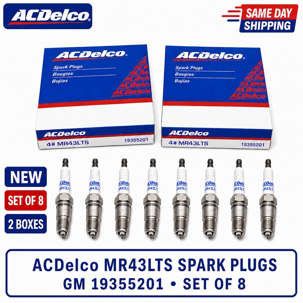 Set Of 8 - NEW GENUINE ACDelco Marine Spark Plugs MR43LTS 19355201