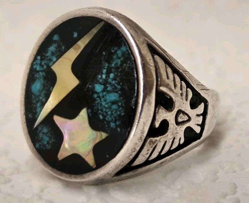 Vintage Turquoise Lightning Bolt STAR NAVAJO THUNDERBIRD Ring Size - 10.5