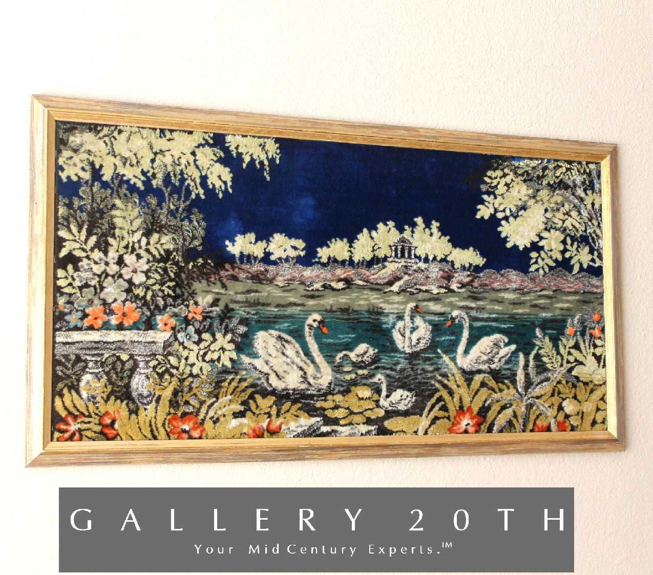 LOVELY PASTORAL LANDSCAPE TAPESTRY SWAN VTG 50\'S MID CENTURY WALL ART PAINTING
