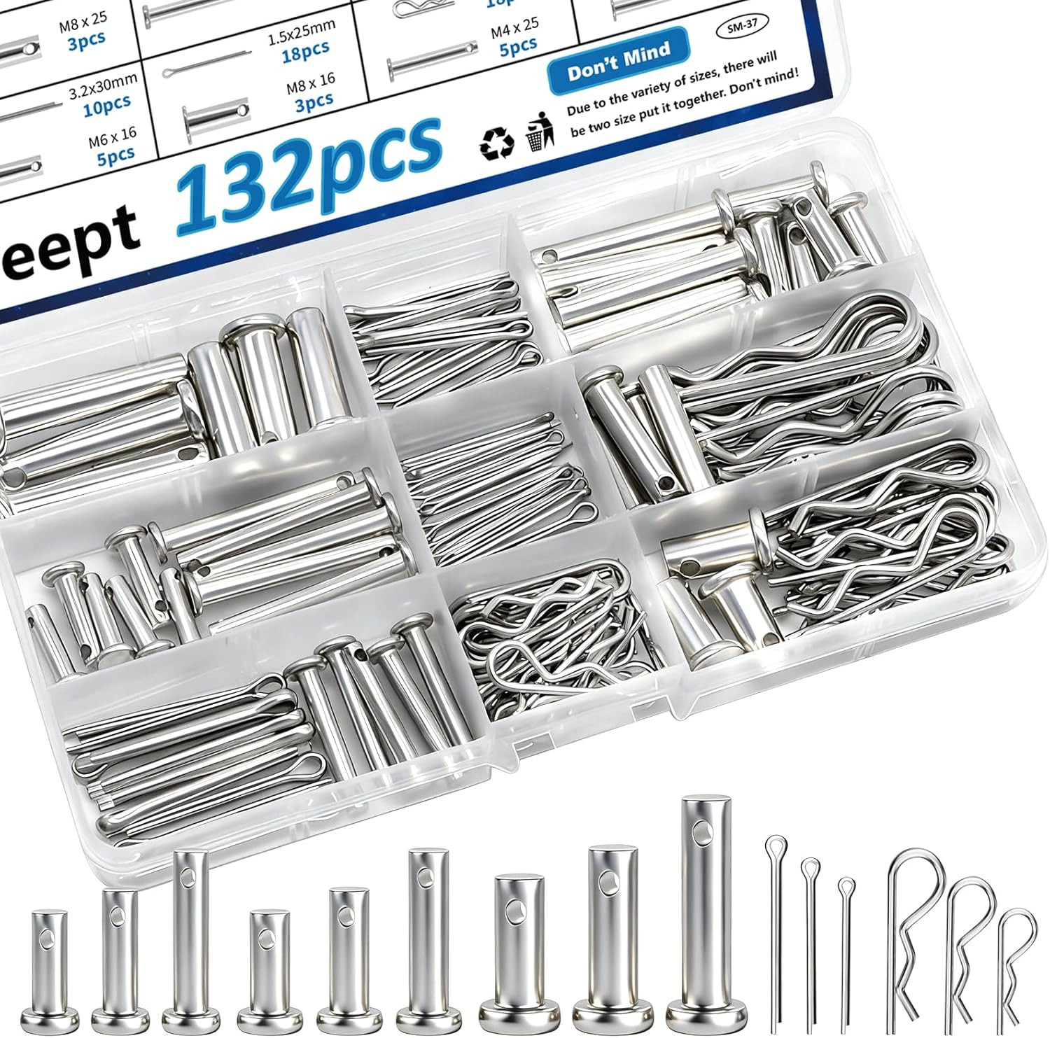 132Pcs Clevis Pin Assortment Kit - 304 Stainless Steel Cotter Pins & Carbon Stee 132Pcs Clevis Pin Assortment Kit - 304 Stainless Steel Cotter Pins & Carbon Stee