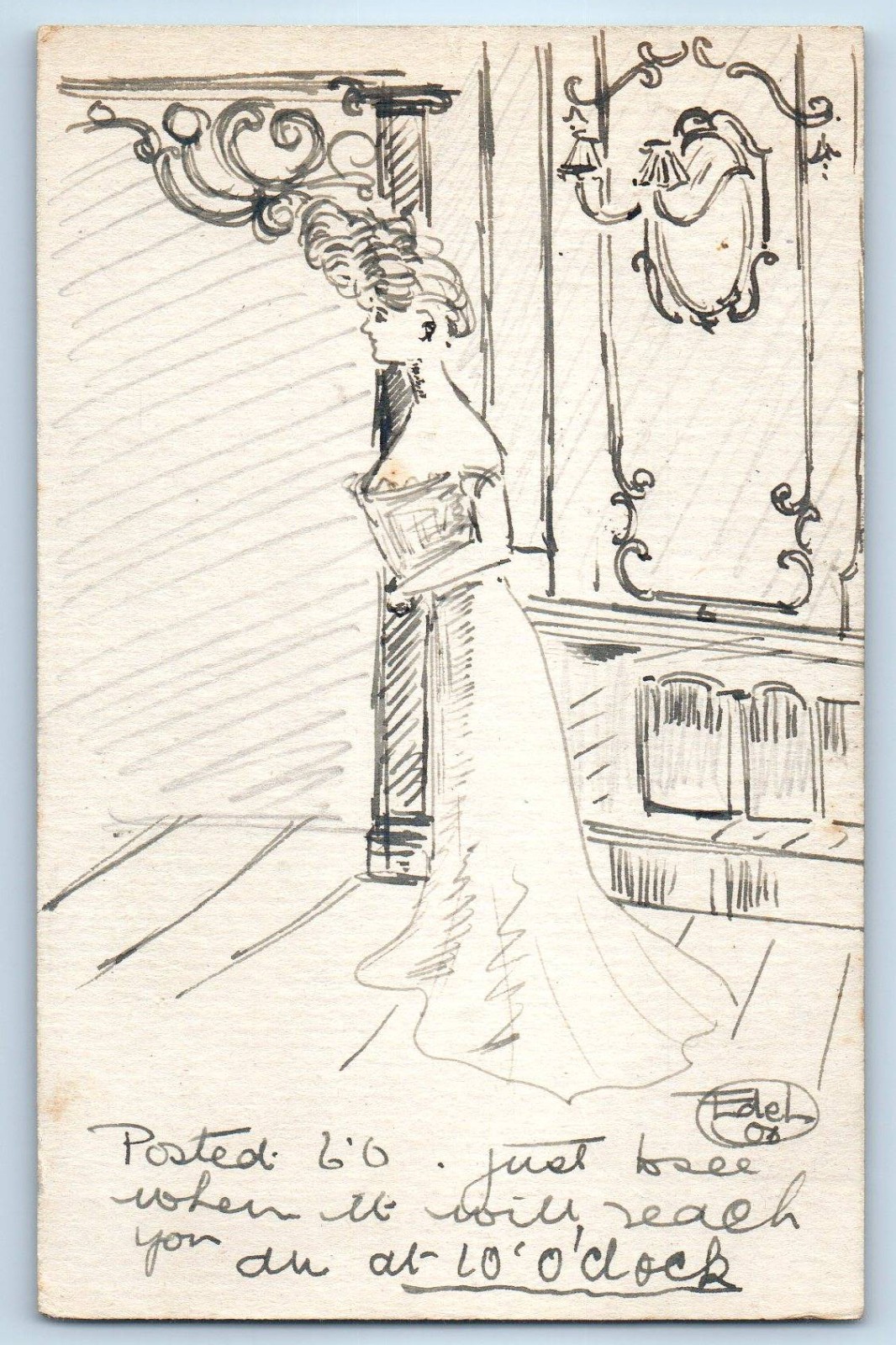 c1910\'s Woman Wearing Long Dress Hand Drawn Art West Hampstead NW Postcard