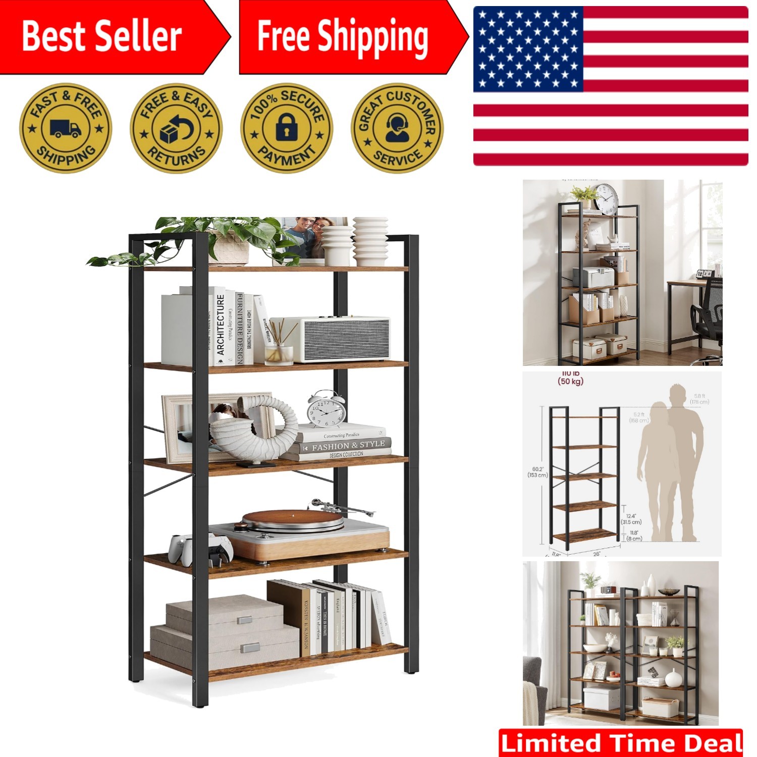 Elegant 5-Tier Bookshelf in Rustic Brown & Ink Black - Perfect Storage Solution