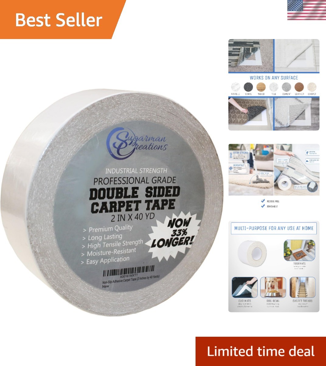 Strongest Double Sided Carpet Tape, 2 Inch by 40 Yard, 120 feet 2X More 5 S...