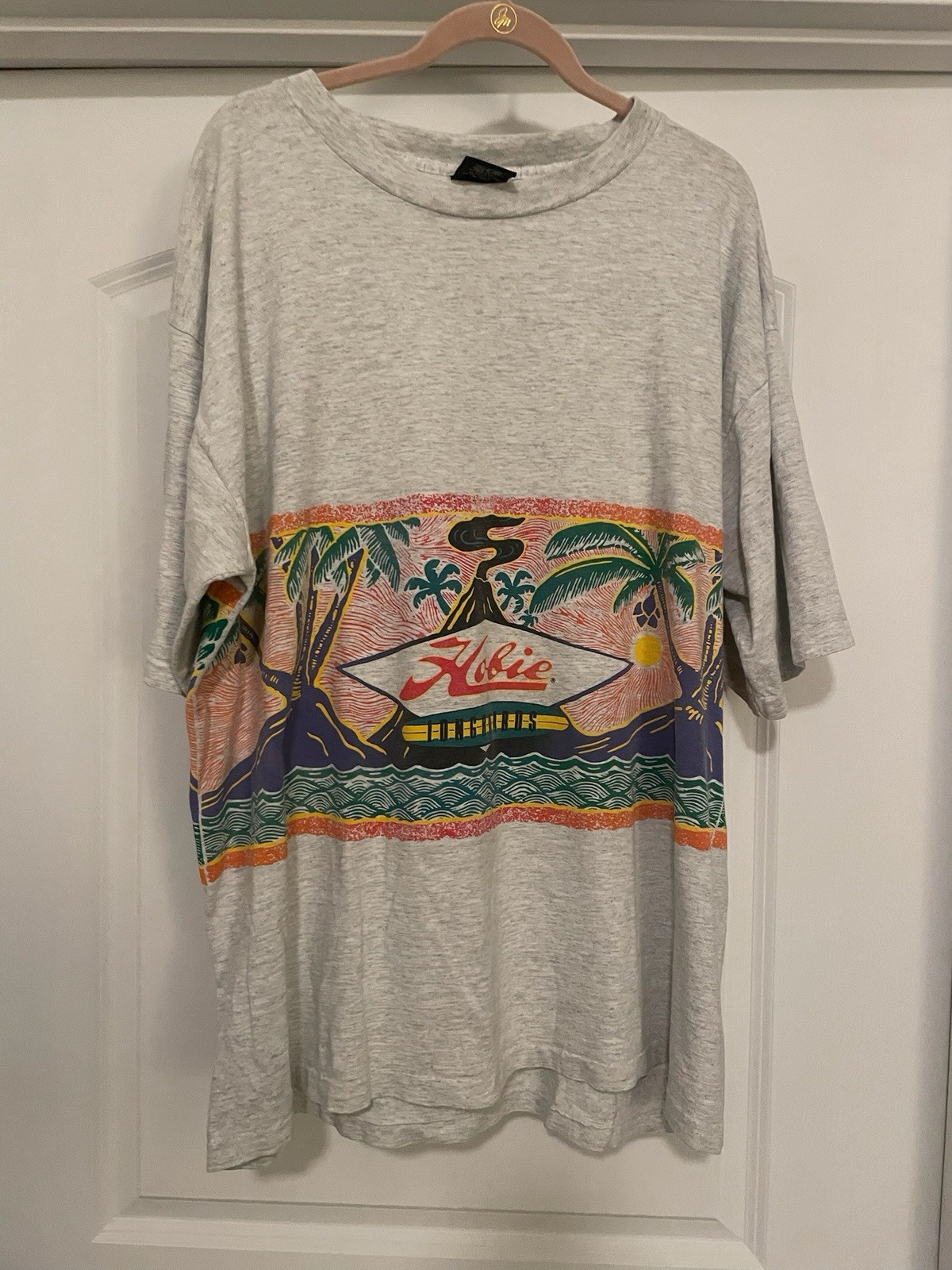 Vintage Hobie Shirt Mens XL Blue Wrap Around Volcano Palm Trees