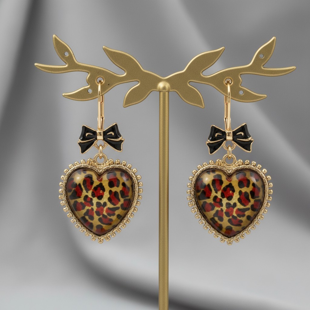 Betsey Johnson Leopard Heart Drop Earrings – Gold-Tone with Bow Accen Betsey Johnson Leopard Heart Drop Earrings – Gold-Tone with Bow Accen