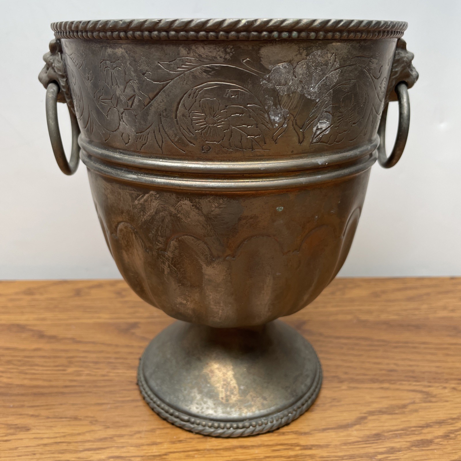 Vintage Silver Plated 7” Urn Planter Vase with Lion Heads Handles
