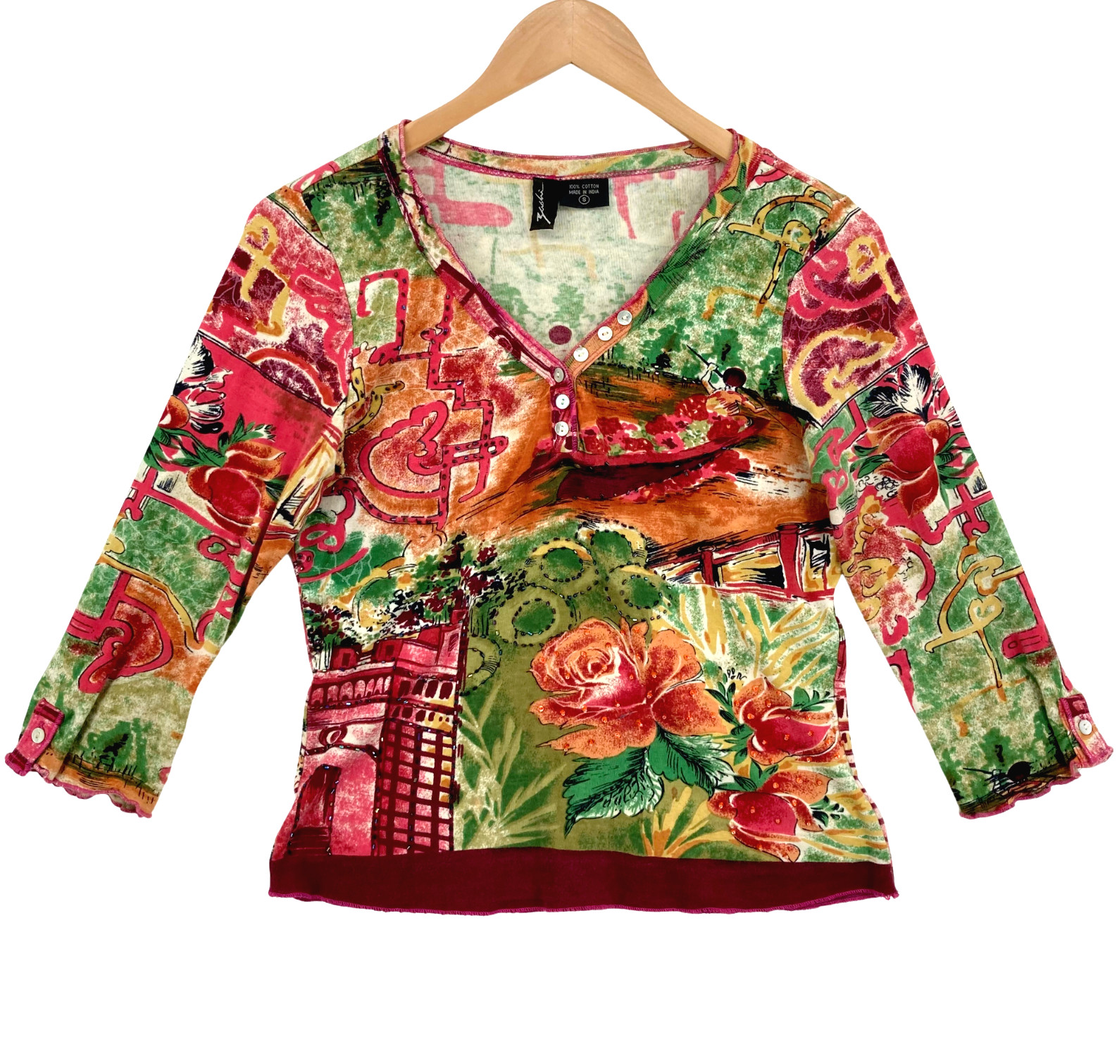Zashi Women\'s Multicolor Floral Cotton Long Sleeve Beaded Blouse Top Size Small Zashi Women\'s Multicolor Floral Cotton Long Sleeve Beaded Blouse Top Size Small