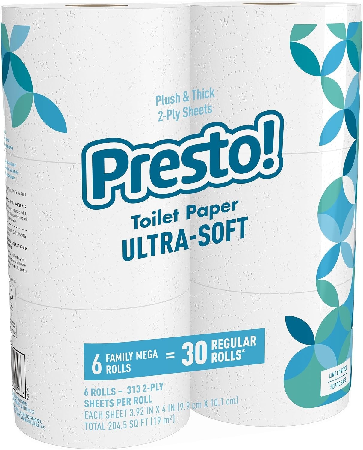 Presto 2-Ply Ultra-Soft Toilet Paper, 6 Mega = 30 Regular Rolls, 1,878 Sheets