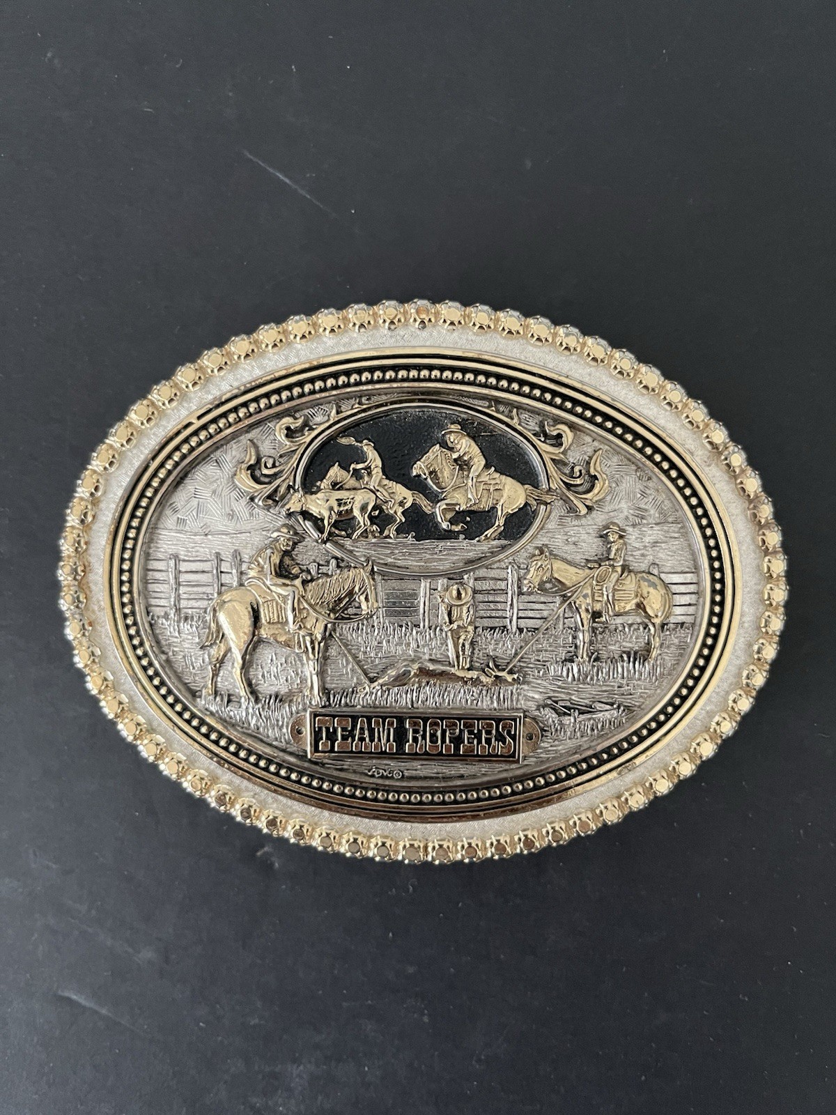 Vtg Montana Silversmiths TEAM ROPERS Tri Color Belt Buckle