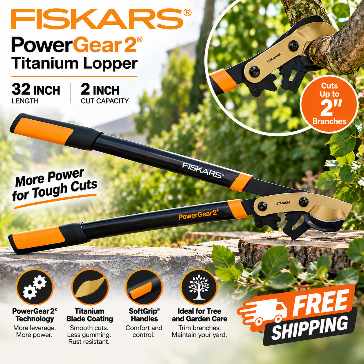 Fiskars PowerGear2 Titanium Lopper 32 Inch 2 Inch Cut Capacity Tree Trimmer