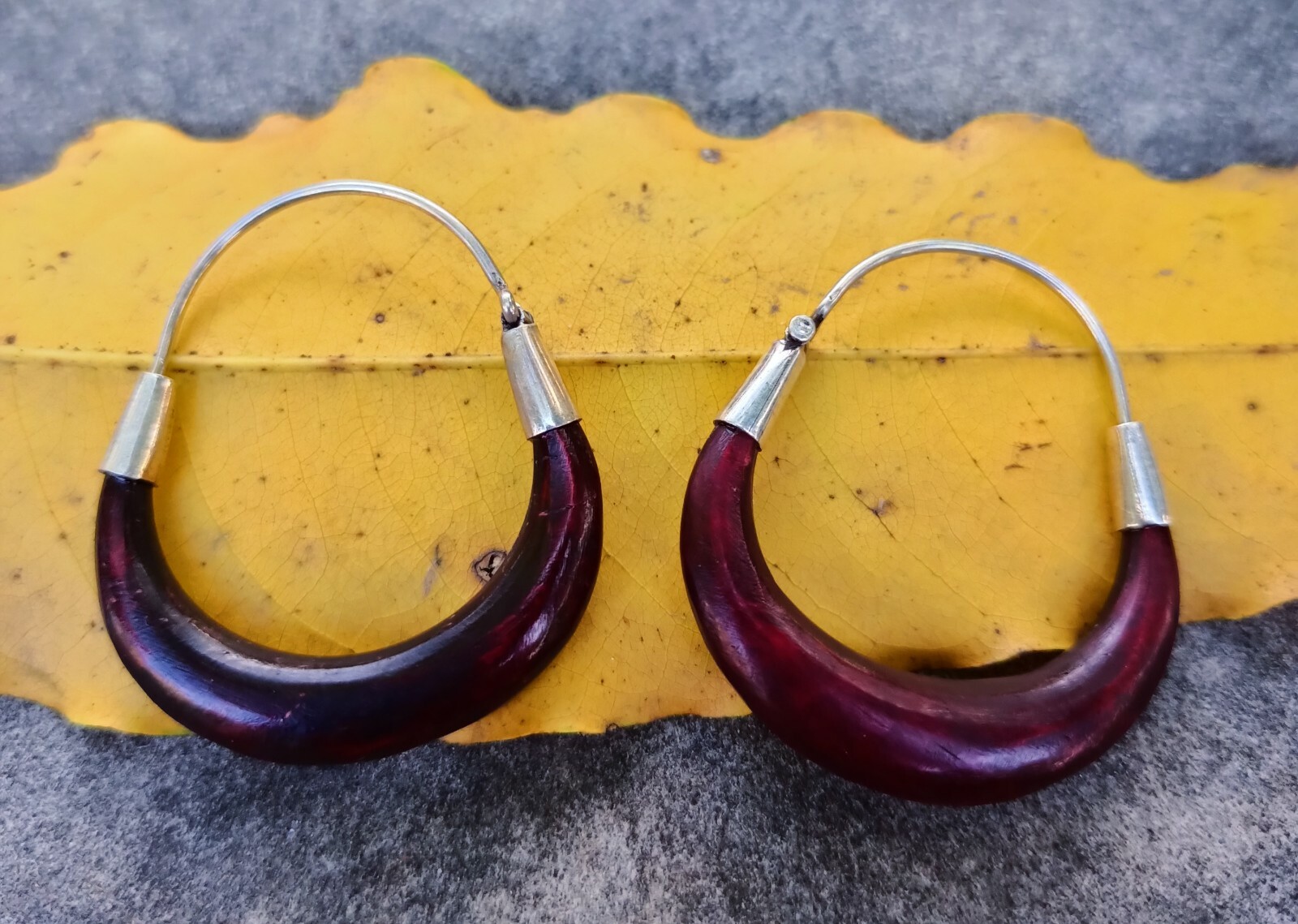 Artisan Crafted Sterling Silver jewelry and Wood Hoop Earrings Brownish Reddish