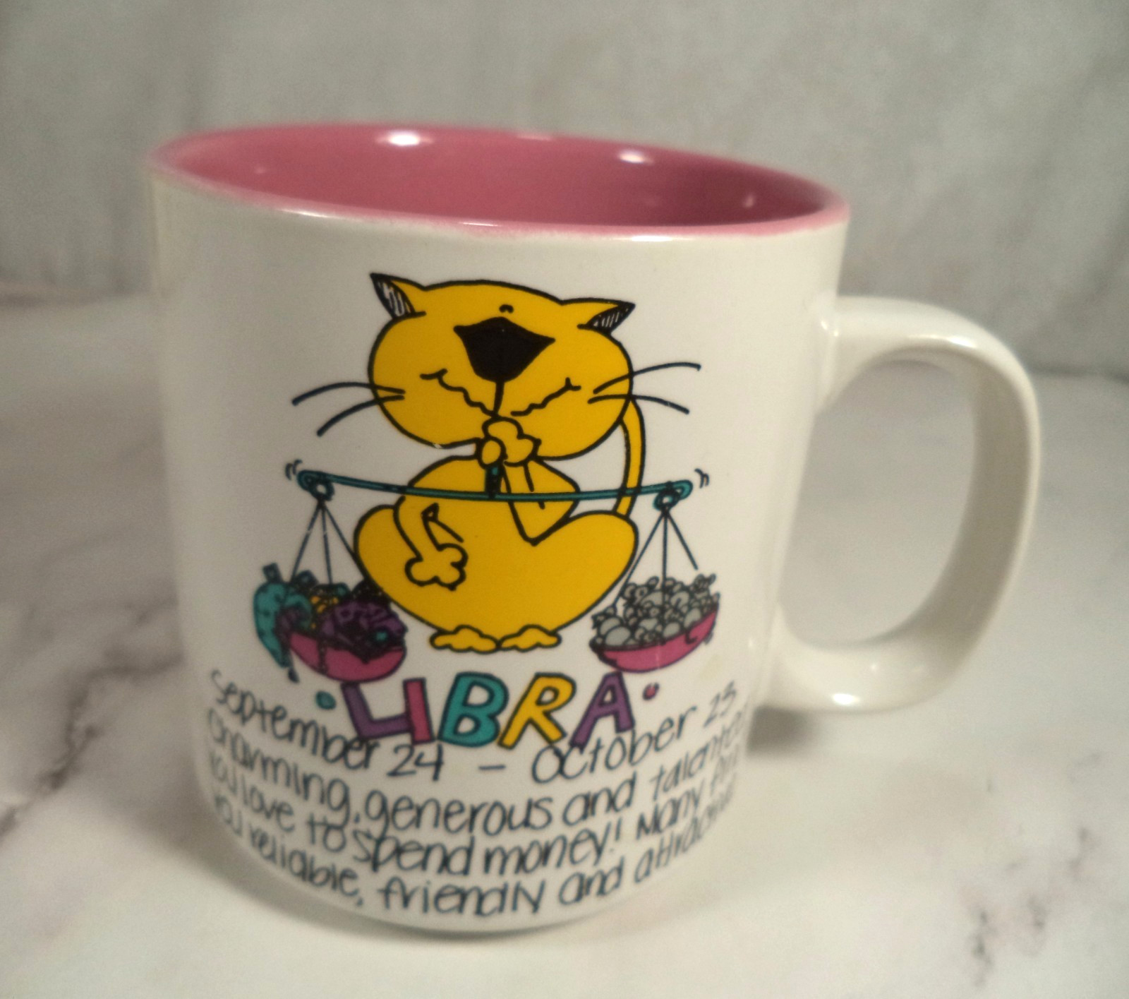 Vtg Yellow The Cat Libra Mug Astrology Zodiac Sept 24-Oct 23 Retro Papell Korea