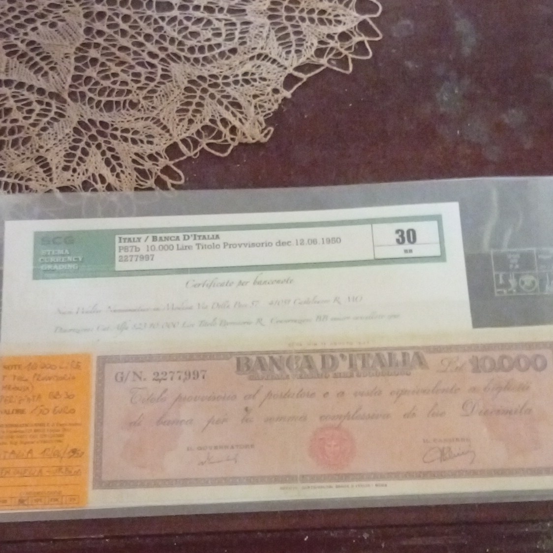 Bank of Italy 10,000 Lire Provisional Title 12.06.1950 SCG 30 BB, G/N 2277997
