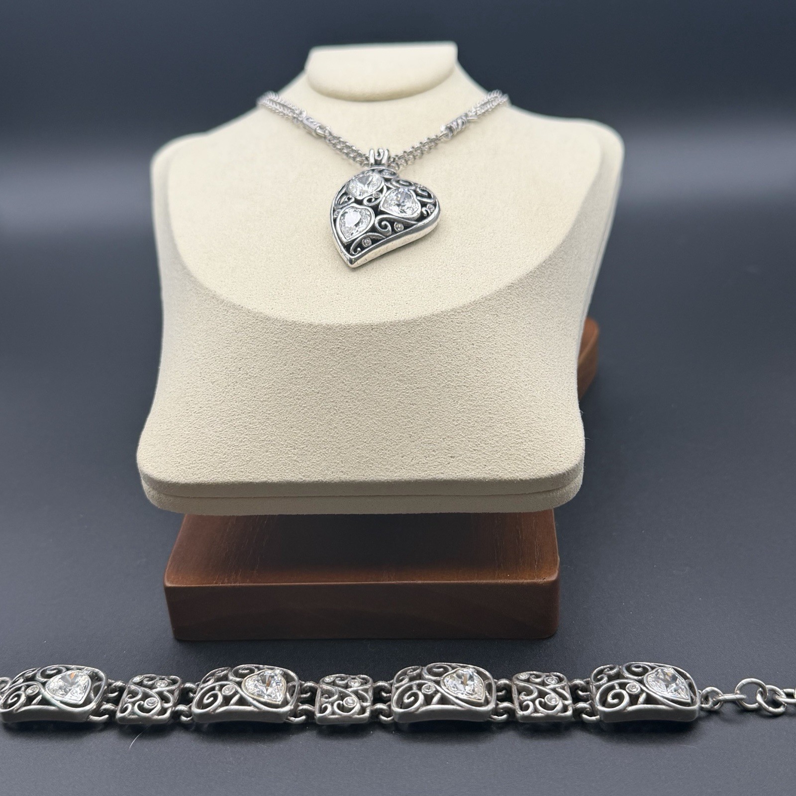 Retired Rare Brighton Dallas Necklace And Matching Bracelet With Crystal Hearts