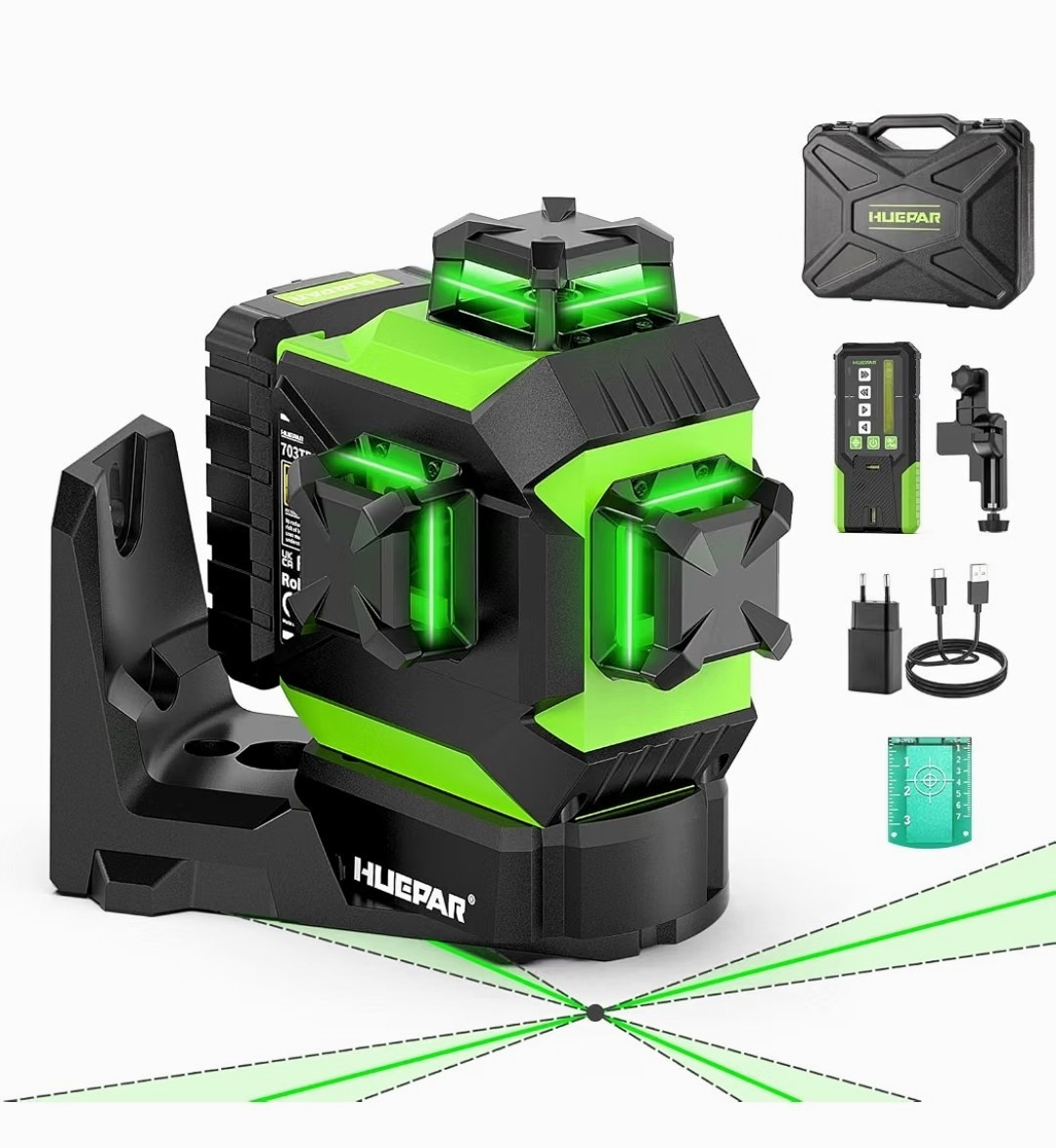 Huepar 703CG 360° Self-Leveling Green 3-Beam Cross-Line Laser Level Huepar 703CG 360° Self-Leveling Green 3-Beam Cross-Line Laser Level
