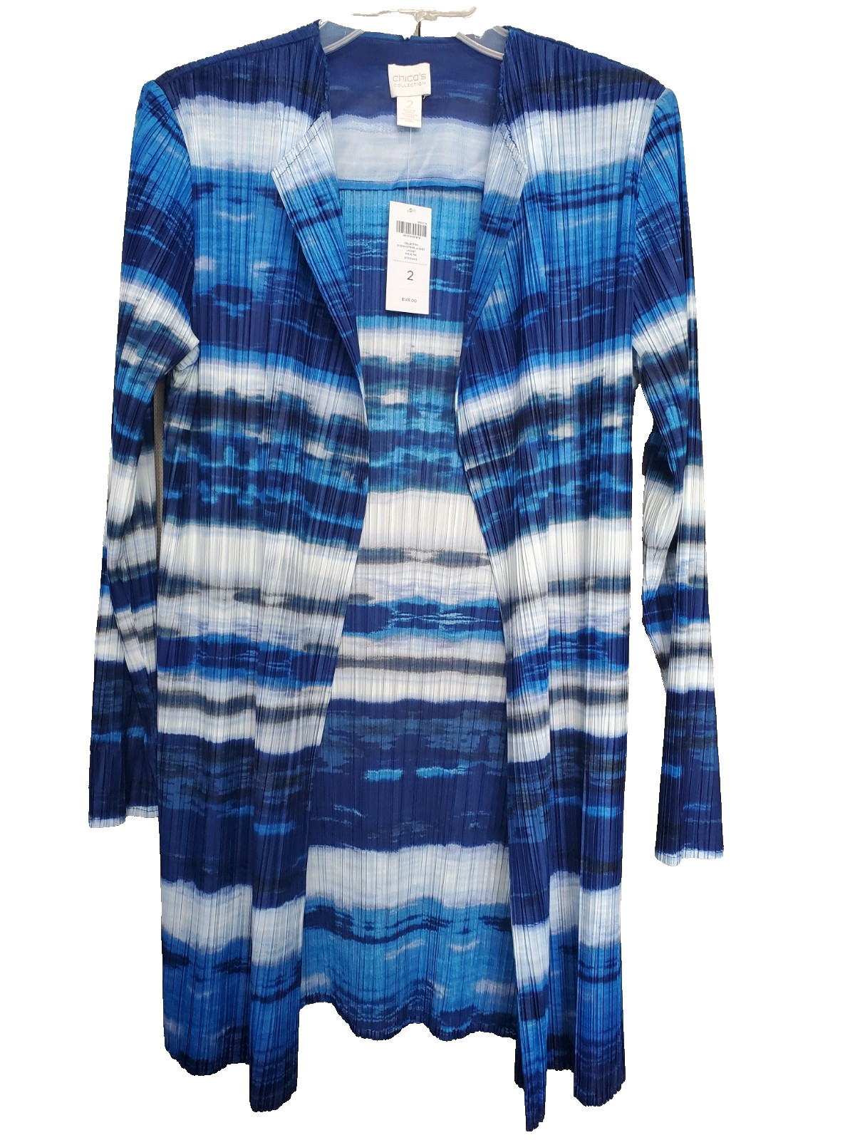 Chico’s Collection Ocean Stripe India Ink Micro-Pleated Open Jacket 2 LGE NWT