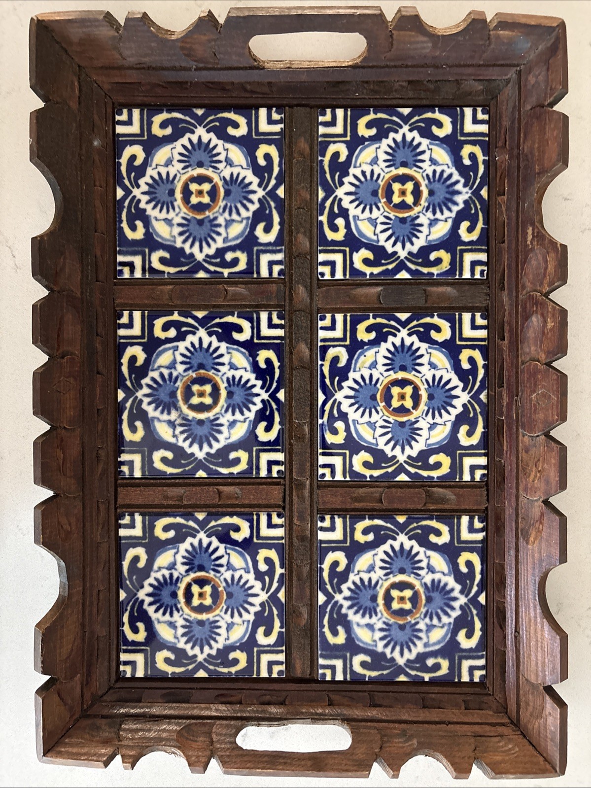 Vintage Hand Carved Wooden Tiled Tray Vintage Hand Carved Wooden Tiled Tray