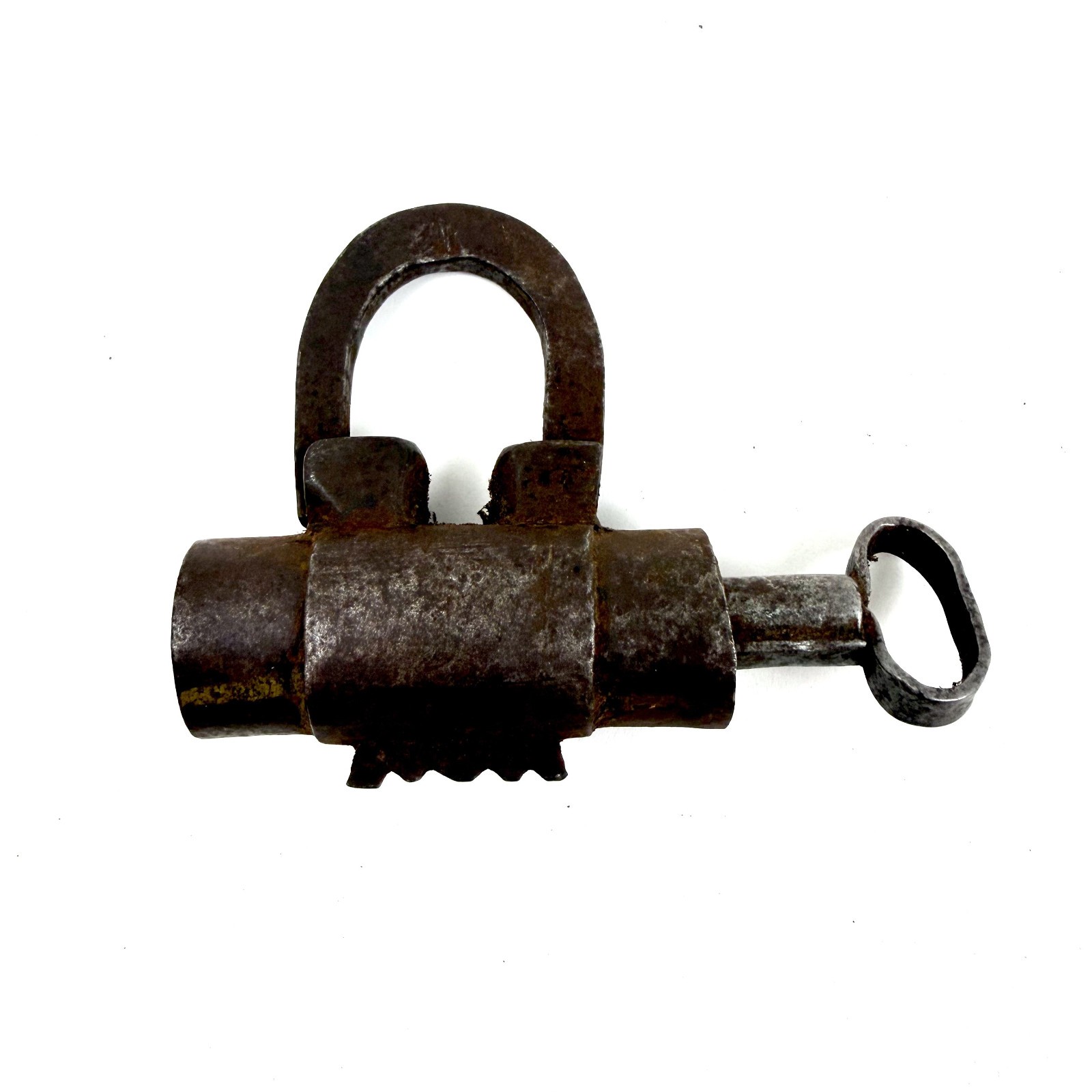 Rare Antique 19th Century Iron Barrel Padlock Orig Screw Key Hand Forged Lock