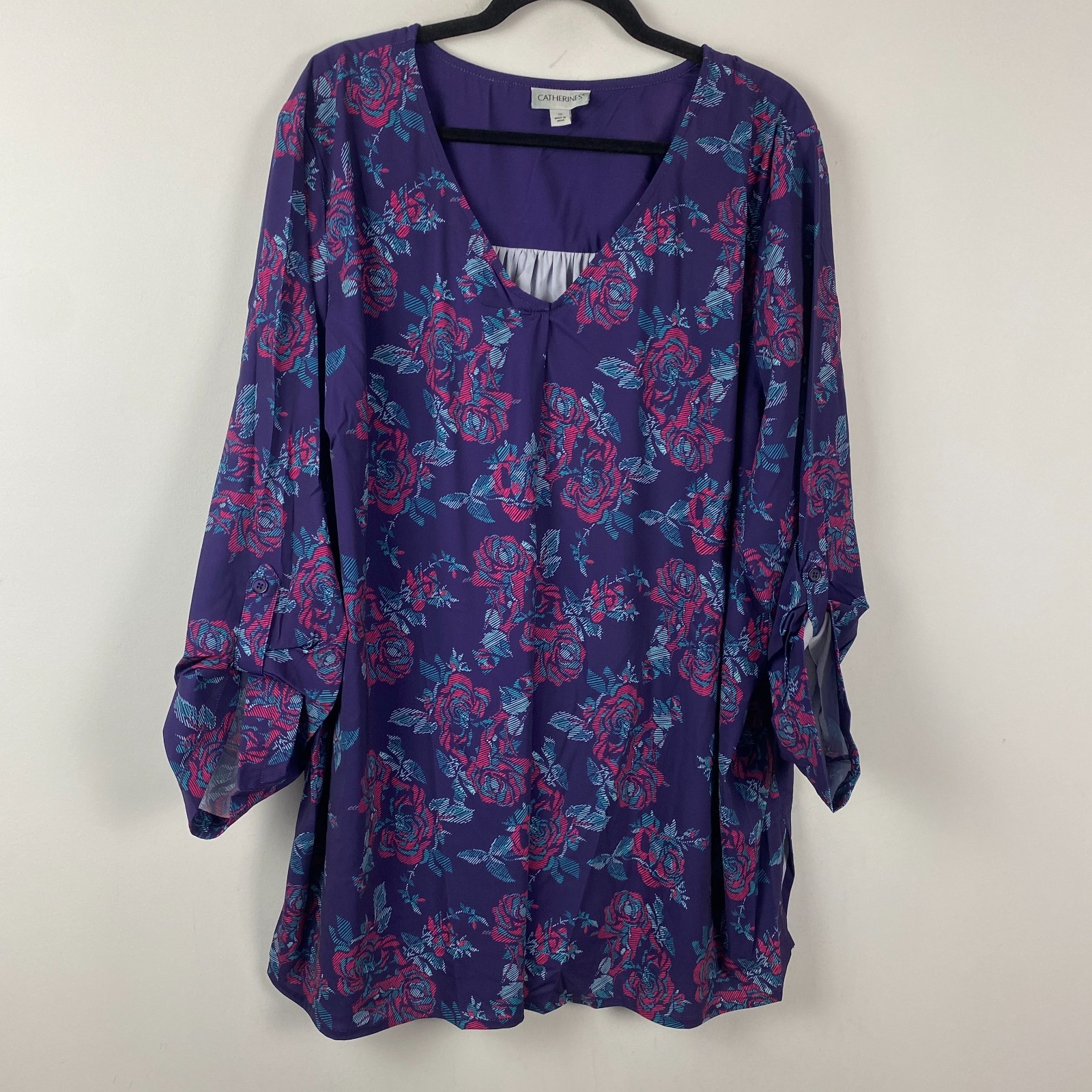 Catherines Popover Tunic Size 3X Purple Floral 3/4 Roll Tab Sleeve Stretch VNeck