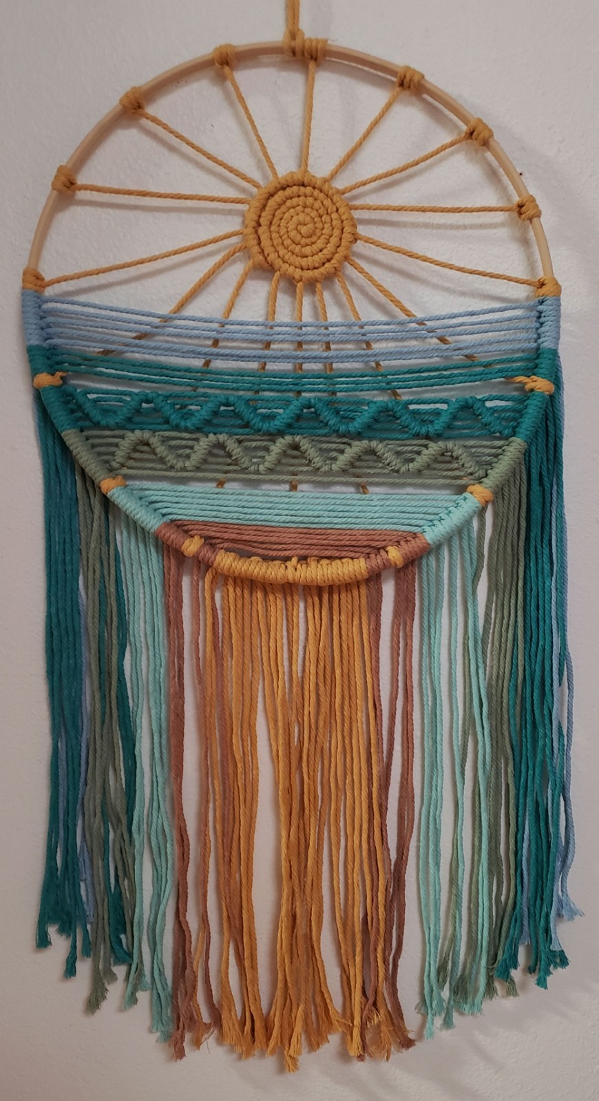WALL HANGING, MACRAME,(SUNSET),(BOHO) Handmade, Cotton, Wood, BL Multi  12