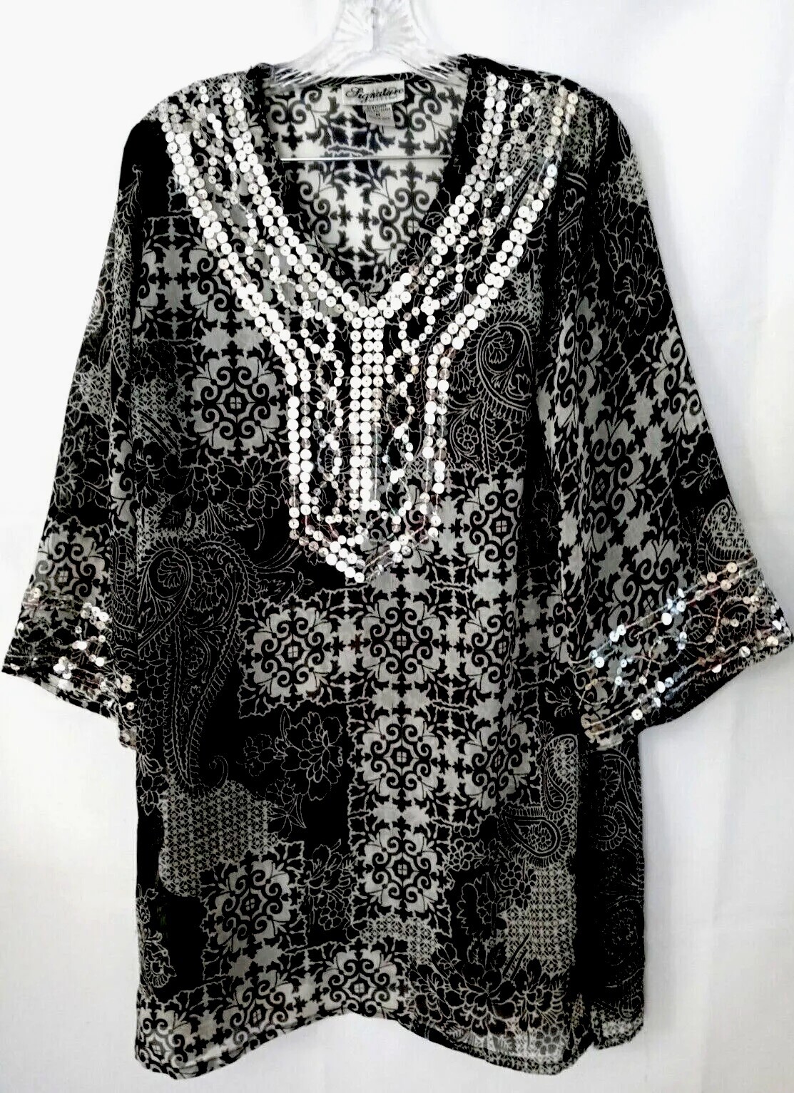Signature JMB Top M Hippie Boho Silky Sheer Flowy Silver Sequins Tunic Shirt Signature JMB Top M Hippie Boho Silky Sheer Flowy Silver Sequins Tunic Shirt