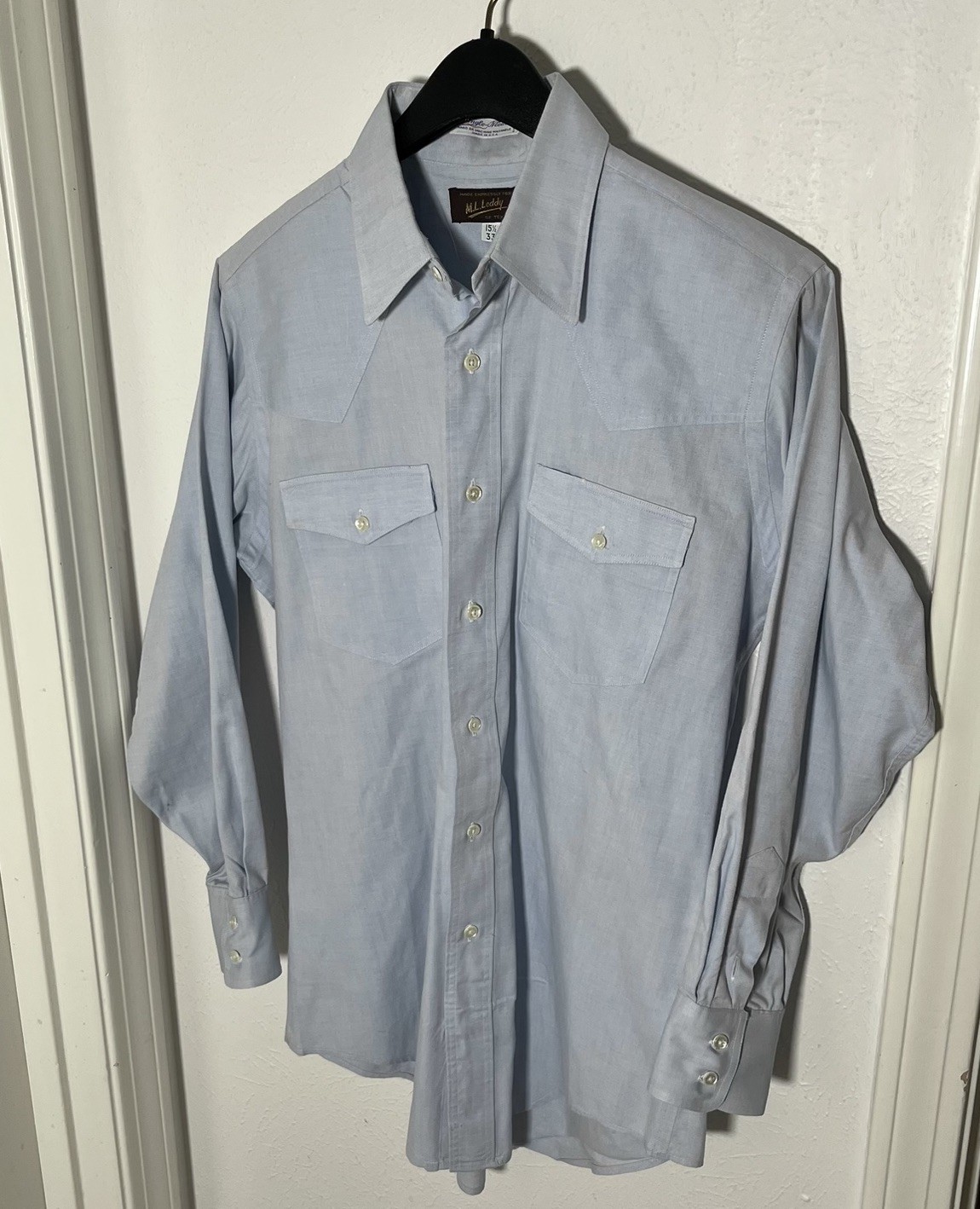 M.L. LEDDY\'S - Western Texas Mens 15.5-33 Blue Single Needle Button Down Shirt M.L. LEDDY\'S - Western Texas Mens 15.5-33 Blue Single Needle Button Down Shirt