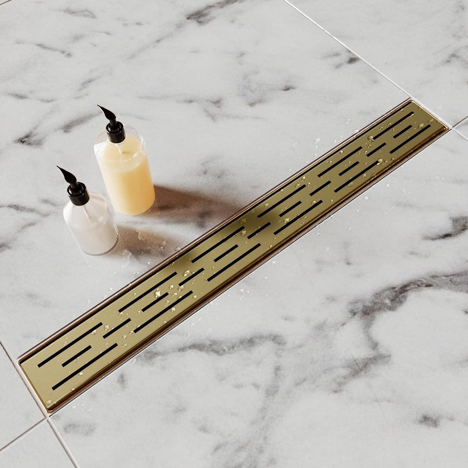 24 Inch Brushed Titanium Gold Linear Shower Drain with Brick Pattern Grate 304 24 Inch Brushed Titanium Gold Linear Shower Drain with Brick Pattern Grate 304
