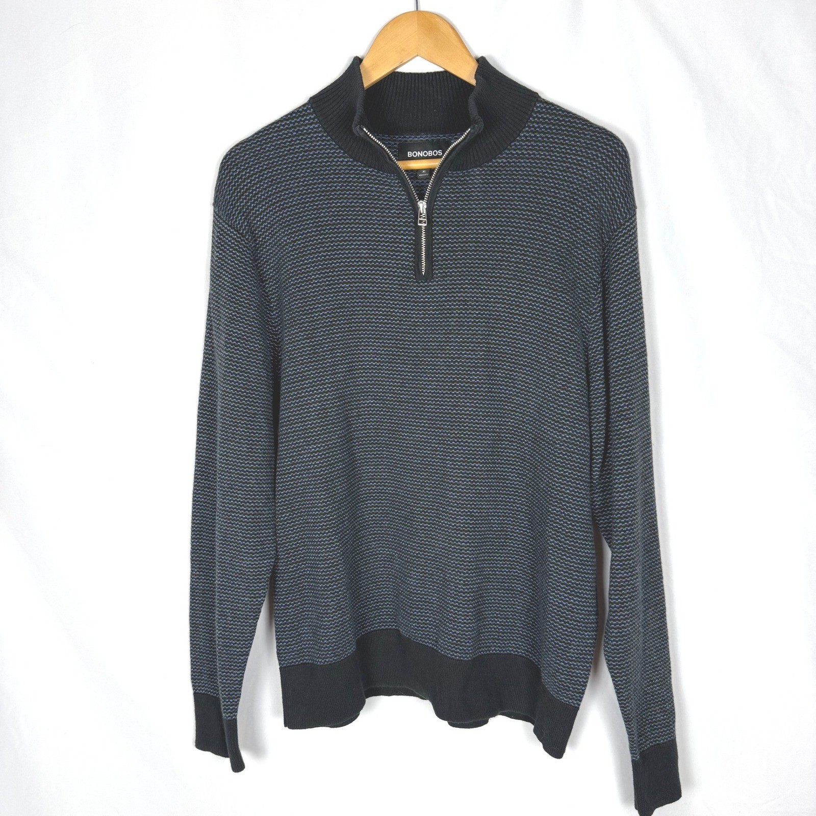 Bonobos Mens Black Blue Feeder Stripe Cotton Cashmere 1/4 Zip Sweater XL