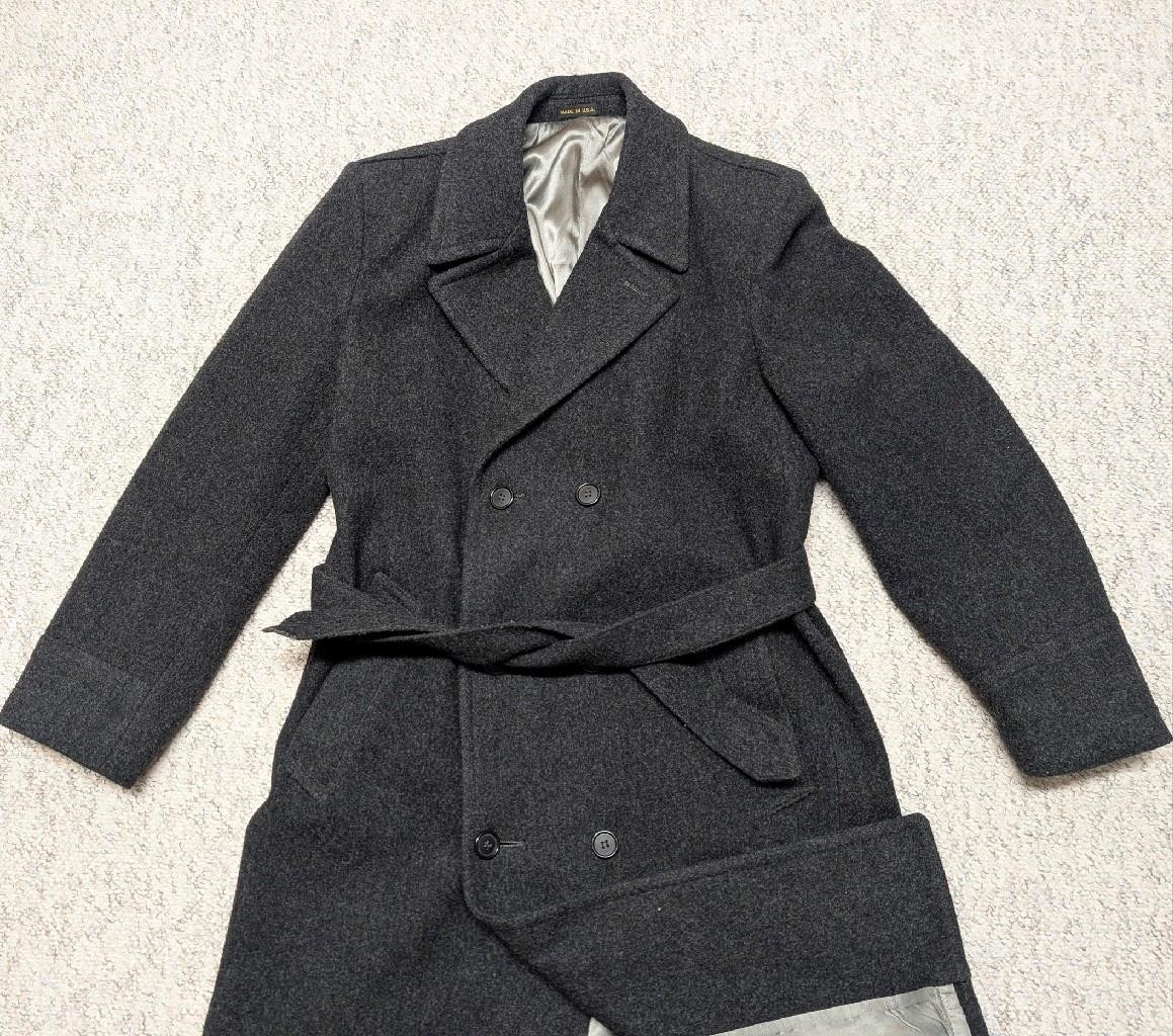 vintage USA made OVERCOAT double breated 40 black BELTED thick wool TRENCH COAT