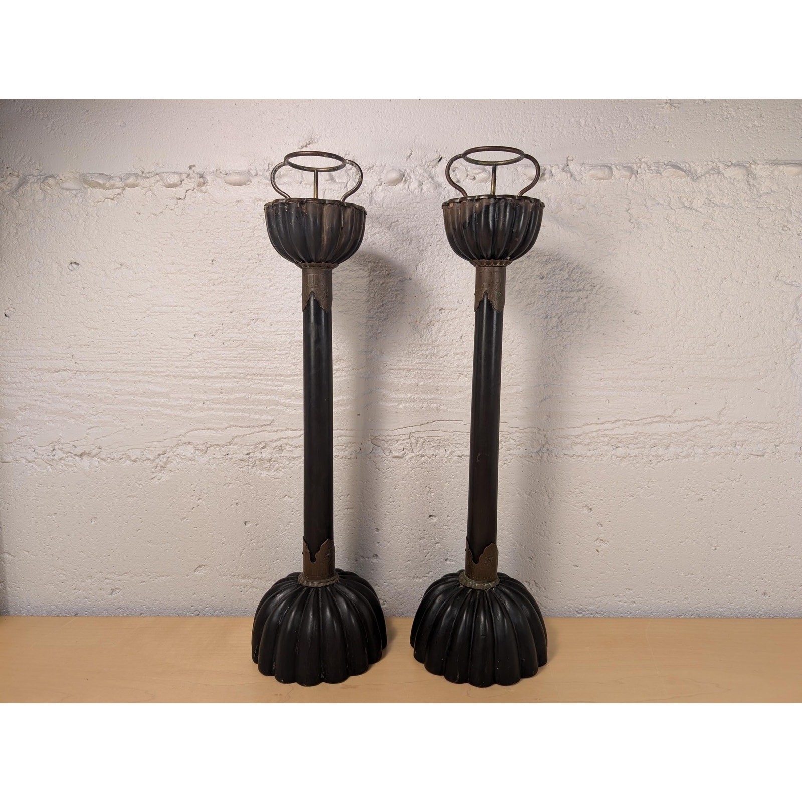 AS-IS Antique Japanese Shokudai Black Lacquer Wood Candlesticks Set of 2