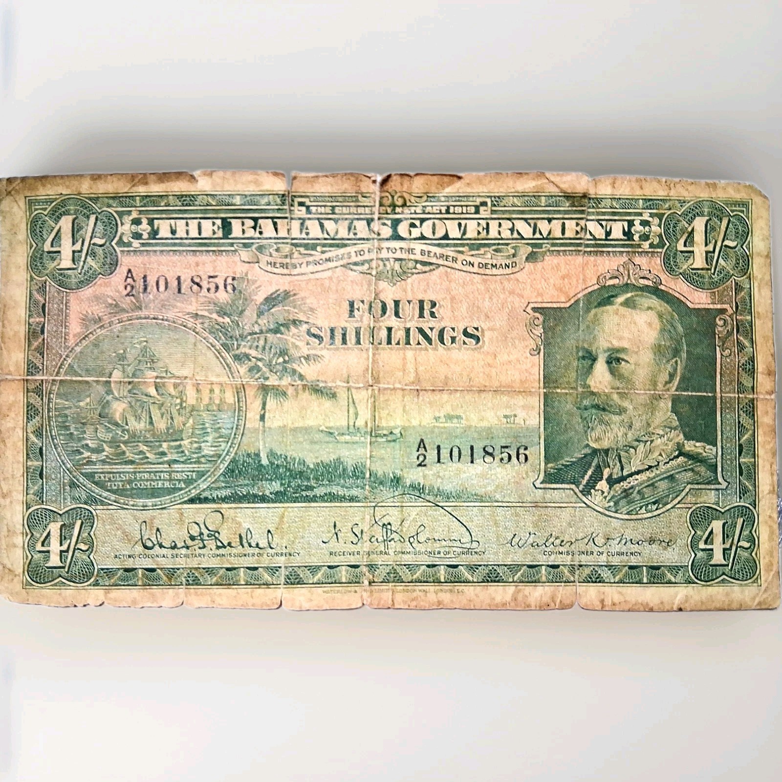 1919 Bahamas 4 Four Shillings King George V P-6 Vintage Rare Banknote Currency 1919 Bahamas 4 Four Shillings King George V P-6 Vintage Rare Banknote Currency