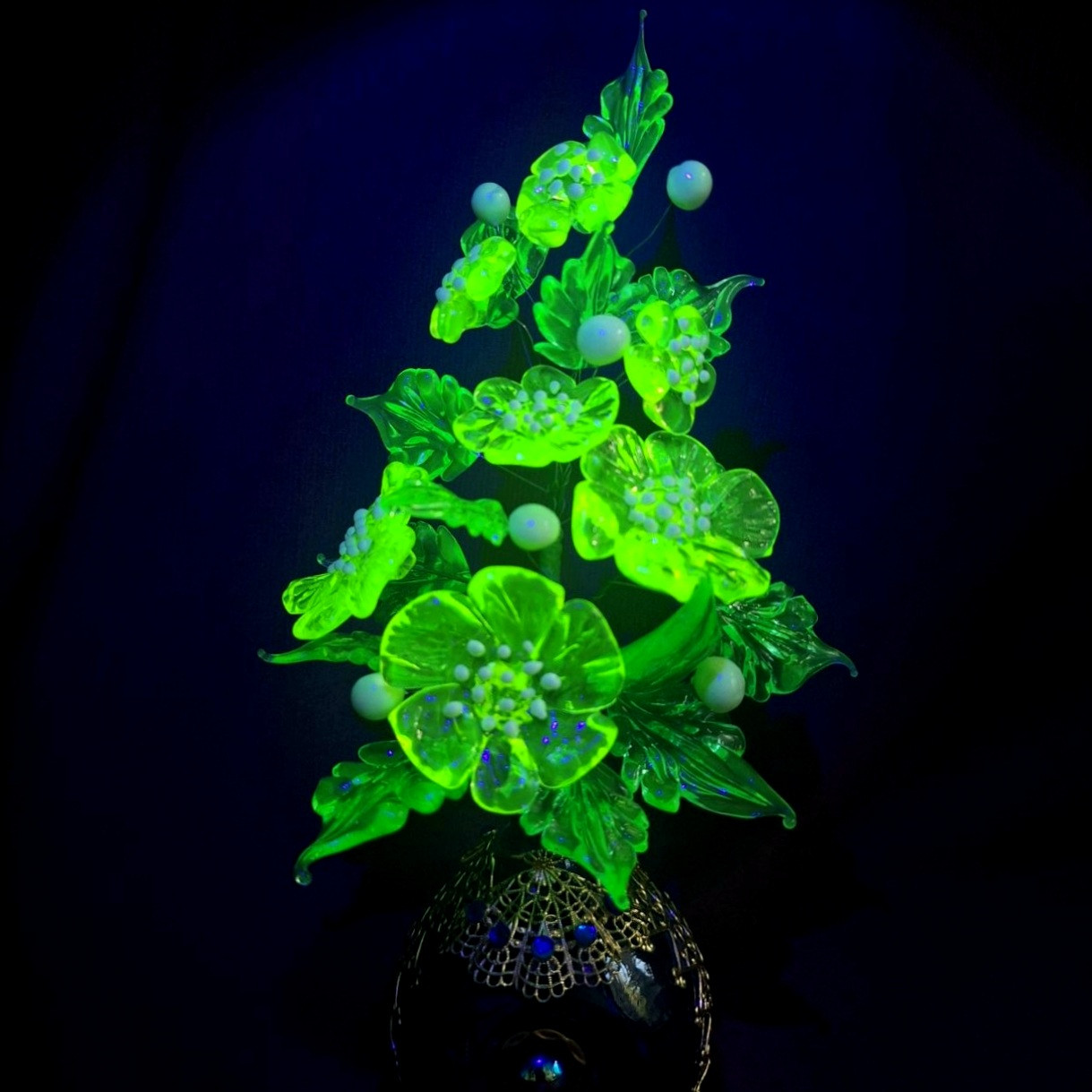 Uranium Glass Flower Bouquet Handmade Vaseline Yellow Glass Decor