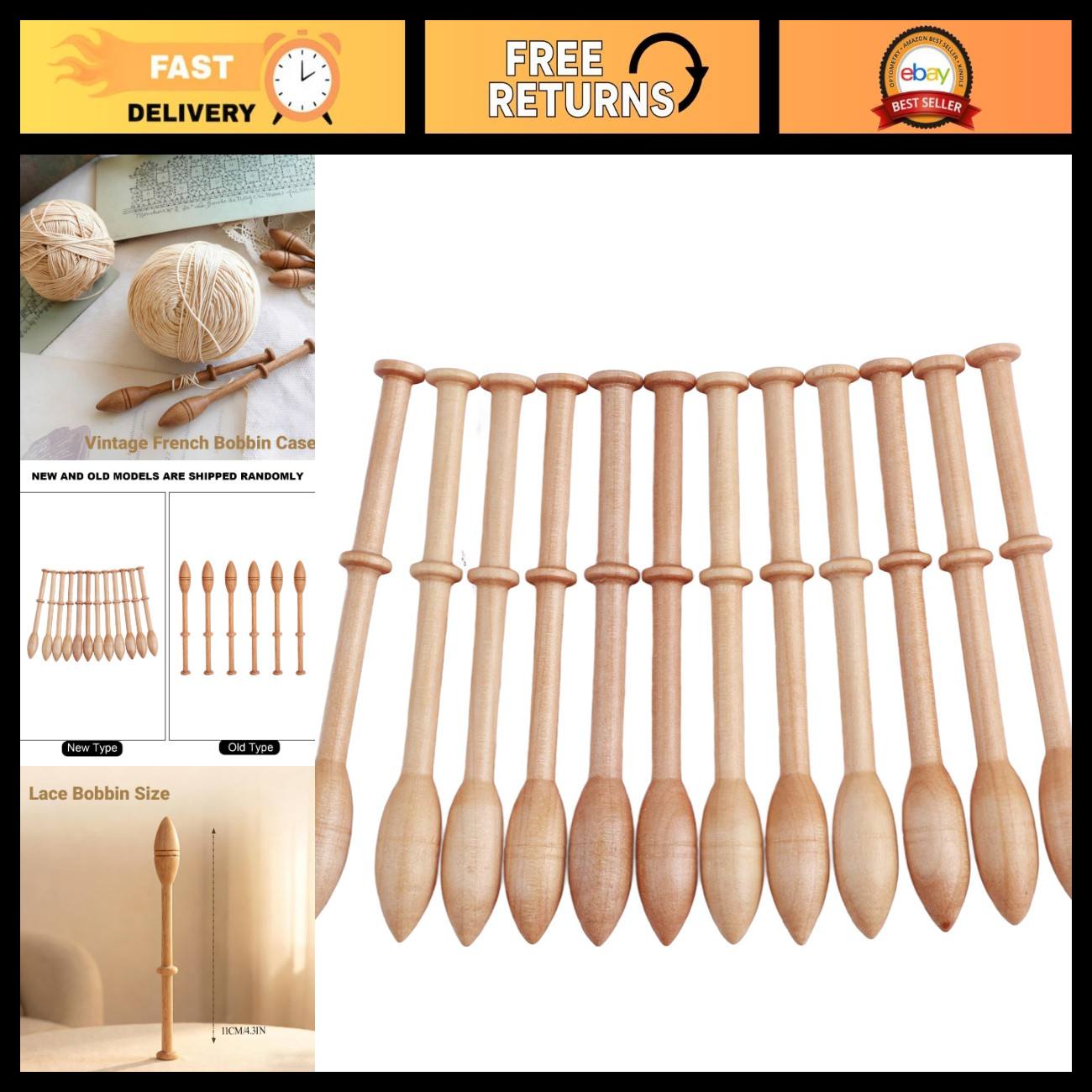 12Pcs Wooden Bobbin Lace Kit - Vintage French Craft Tools for Beginners, Artisan