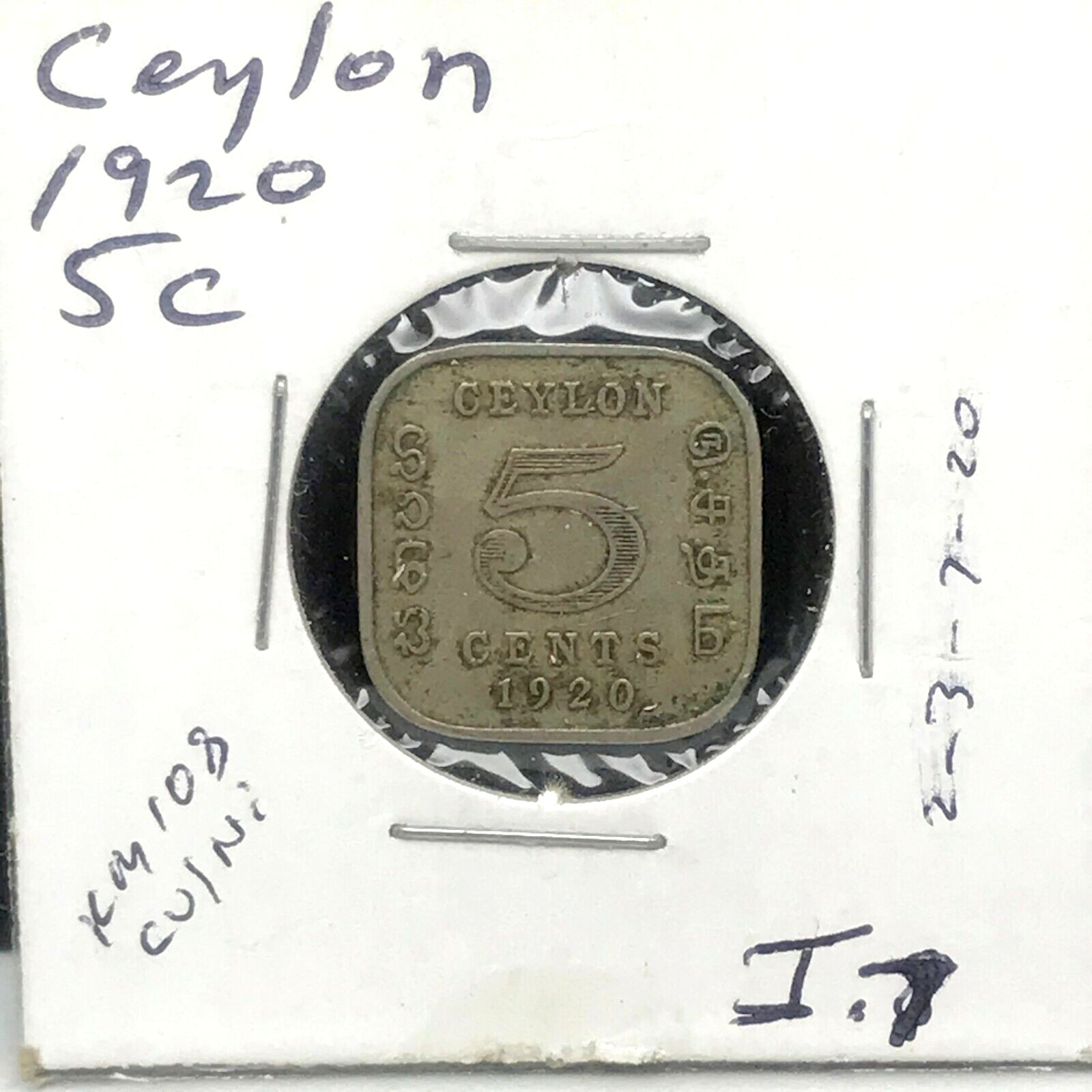 1920 CEYLON 5 CENTS Copper/Nickel  SQUARE SHAPE  COLLECTIBLE COIN.KM#108.