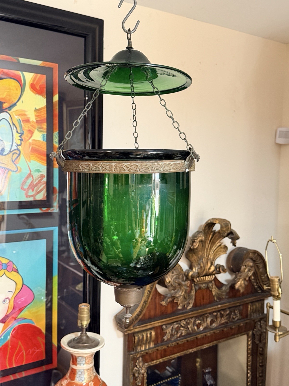 Antique Austrian R.Ditmar Wien Green Colonial Bell Jar Lantern Pendent Light