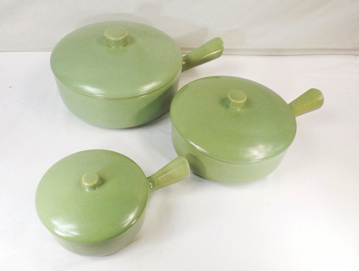RARE vintage LA SOLANA Solana Ware Green Set of 3 Covered Casserole w Handle