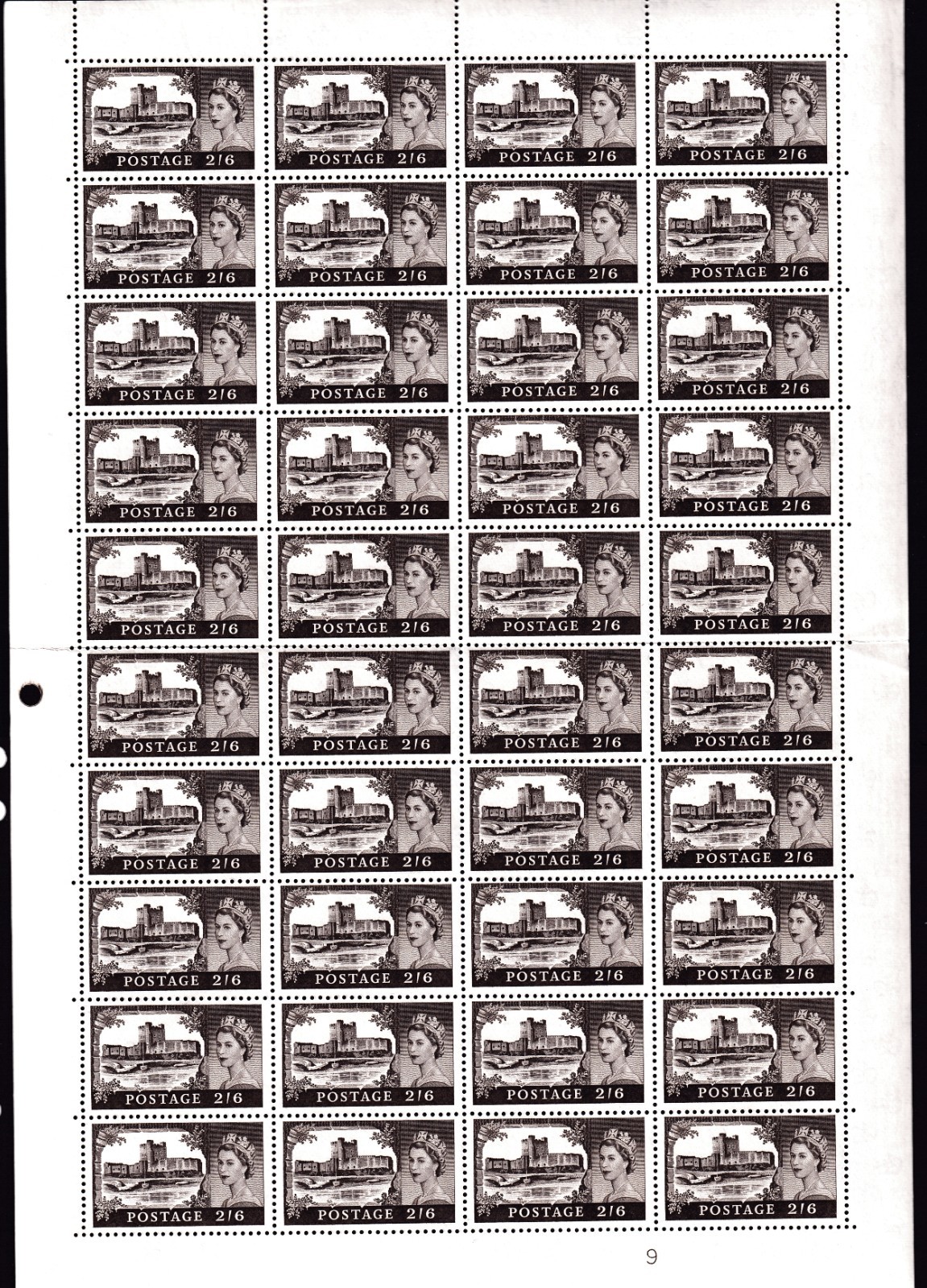 GB QE II 1959-68 CASTLE 2/6 WATERMARK MULTIPLE CROWNS PLATE 9 MNH SG595 M121B-5