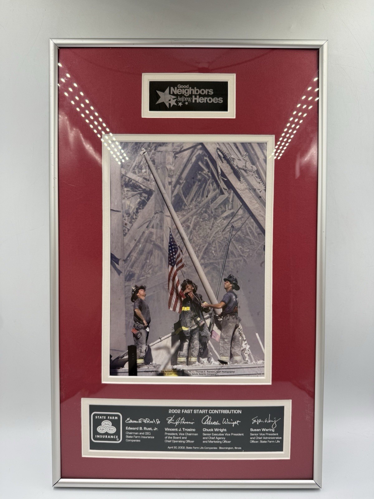 State Farm Life Framed 9/11 Firefighters Ground Zero Memorial NYC 19”x11.5” State Farm Life Framed 9/11 Firefighters Ground Zero Memorial NYC 19”x11.5”